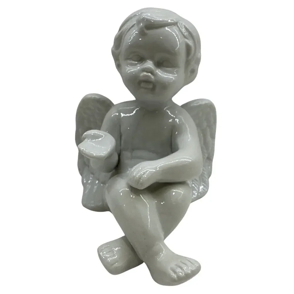 Vintage Ceramic Cherub Sitting Figurine White Porcelain Cupid Angel Statue Vtg